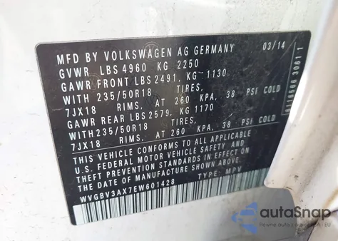 2014 Volkswagen Tiguan Sel из США, поврежденный, VIN WVGBV3AX7EW601428
